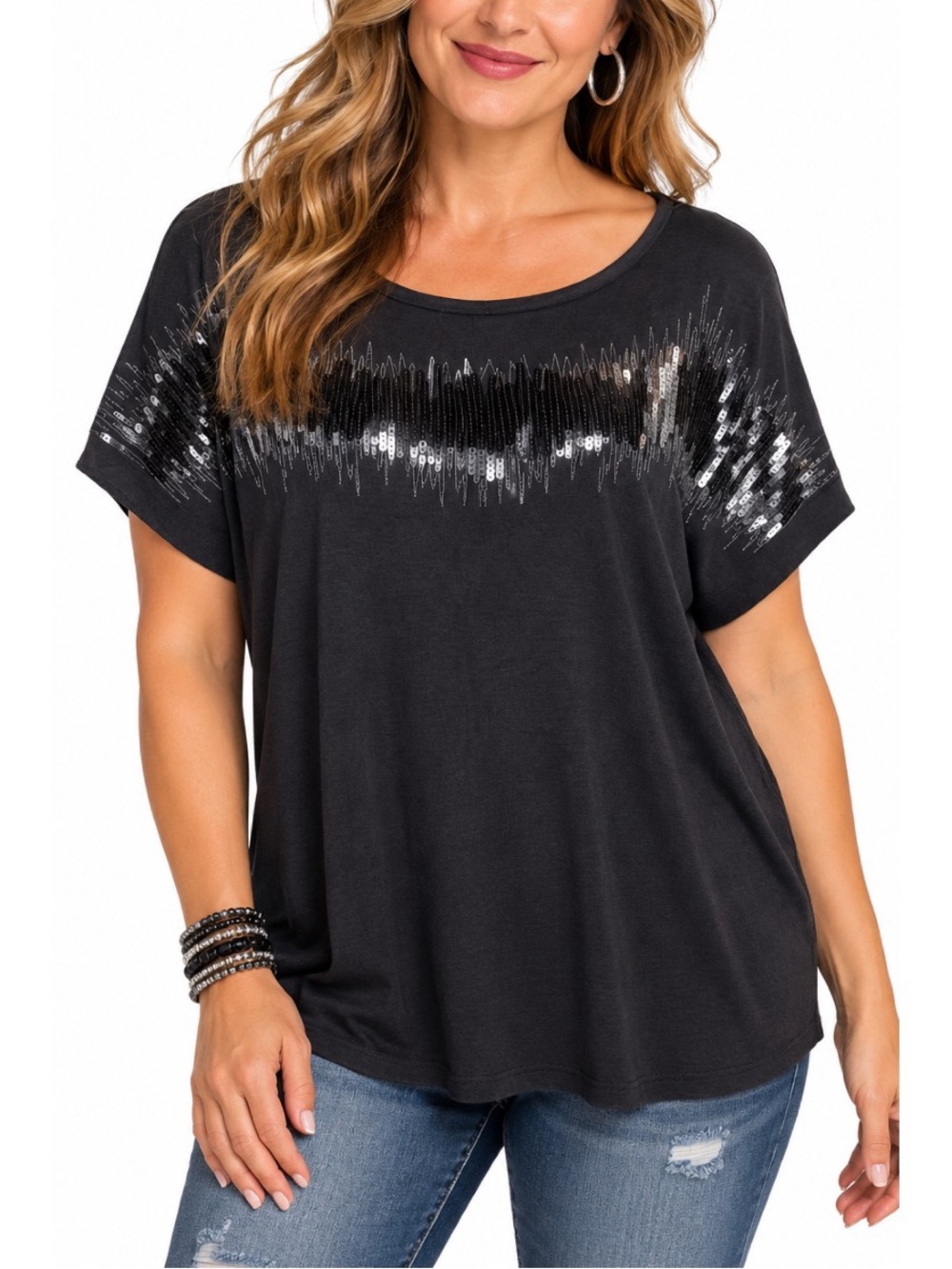 Gloria Vanderbilt black short-sleeve top with a relaxed, flowy fit size small